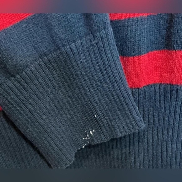 Ralph Lauren Polo Vintage Rugby Stripe V-Neck Sweater XL Big Pony Patch Red Navy - Picture 5 of 5